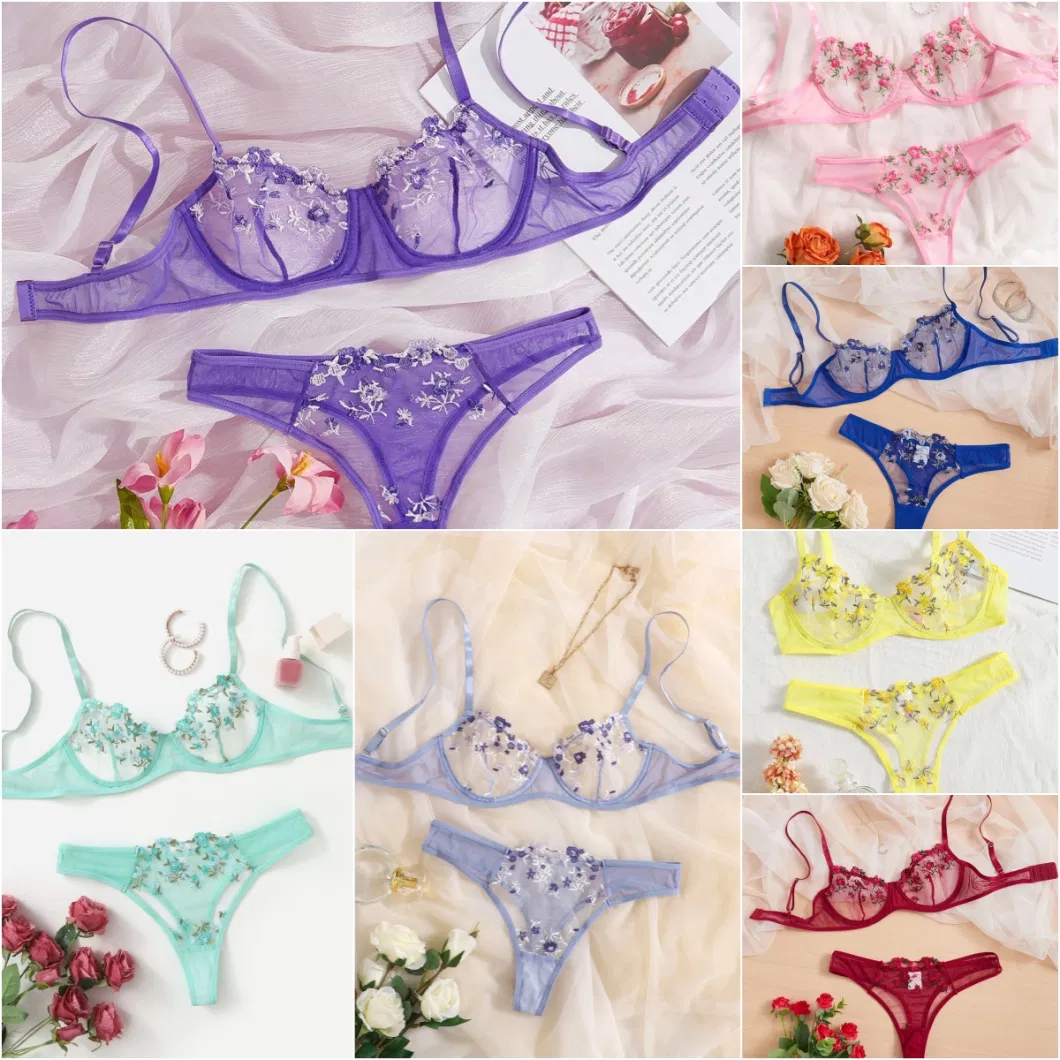 Lenceria Extreme Sex Dessous Lingerie Ladies Mesh Underwire Women′ S Underwear Brassier Floral Embroidered Bra Set Sexy Lingeries for Women