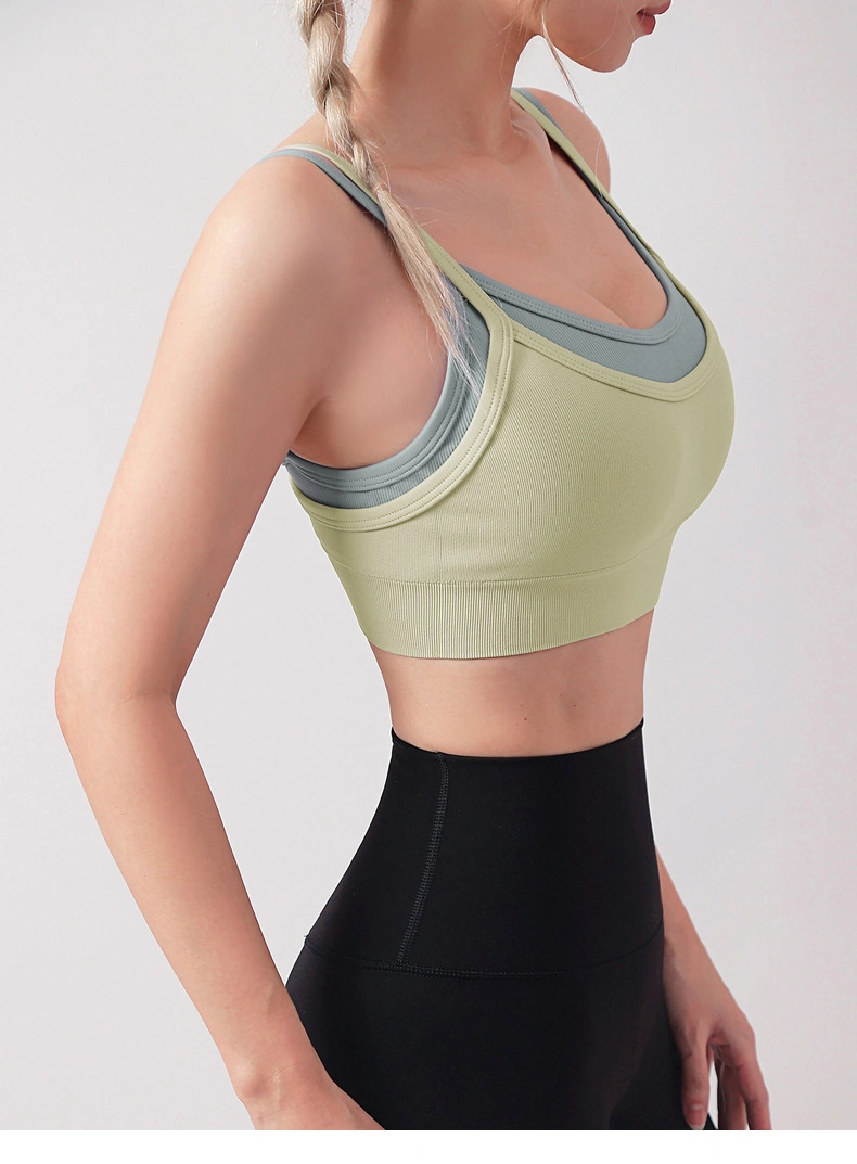 Women′ S Sports Bra One-Piece Gather Contrast Color Double Shoulder Straps Beautiful Back Yoga Clothes Shockproof Fitness Running Vest