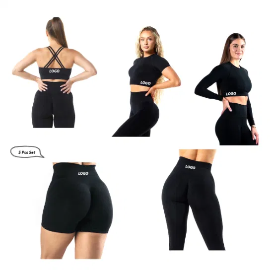 Vente chaude 5PCS Set Sports Fitness Sweat Suits Vêtements de sport de compression sans couture pour femmes, haut de sport avec logo personnalisé + short de yoga + jambières d'exercices vêtements actifs