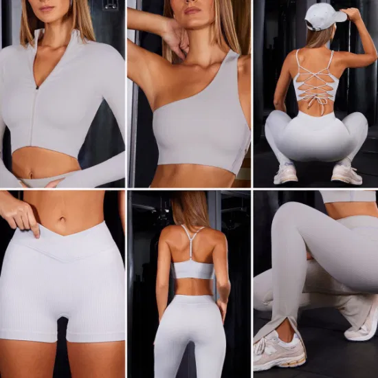 Nouvelle annonce 7PCS Ensembles de vêtements de sport athlétiques sexy Vêtements de yoga côtelés pour femmes, Logo personnalisé Dames Vêtements de sport de loisirs sans couture Vêtements de sport d'entraînement